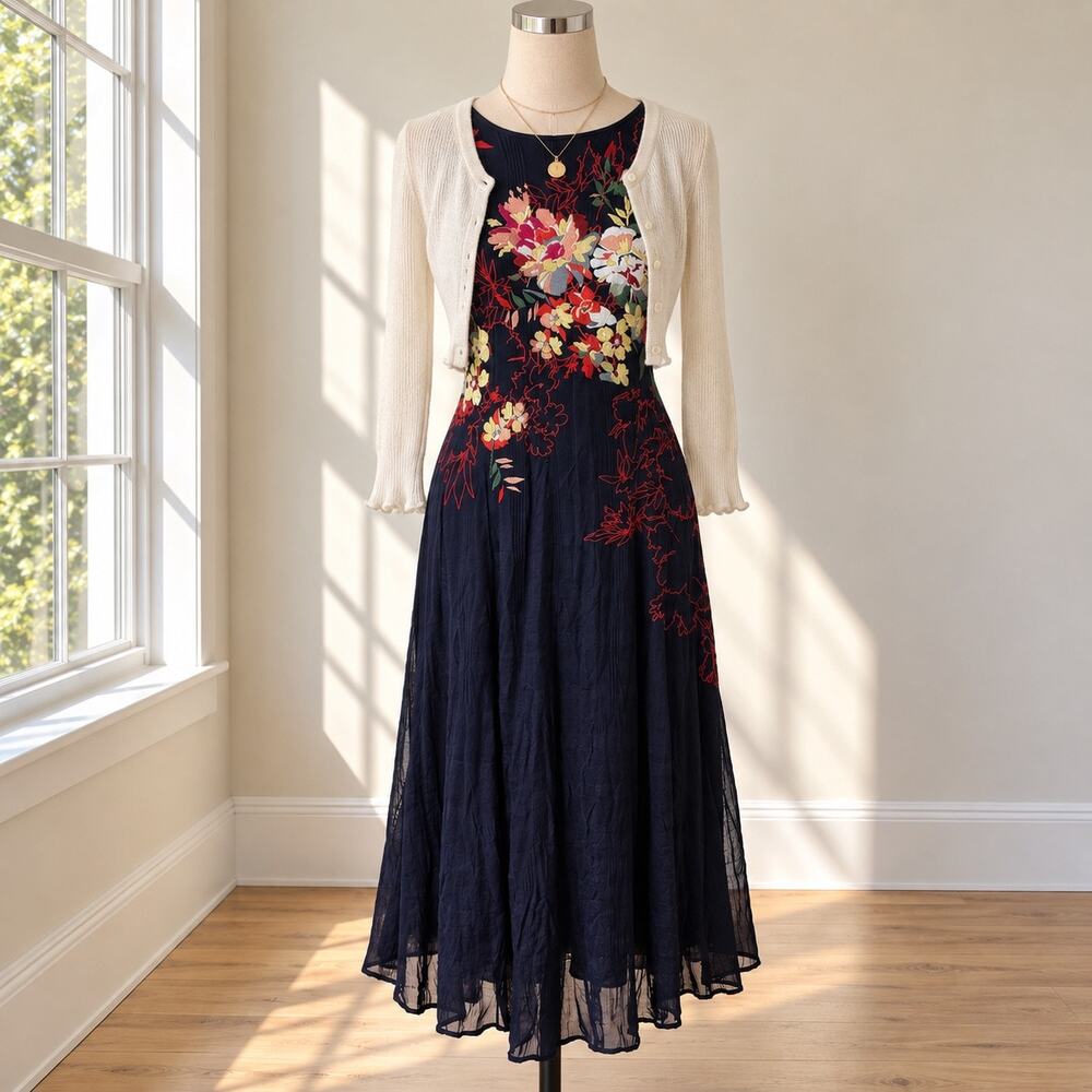 Anthropologie Tanzine Embroidered Midi Dress Size 6 Navy Multicolor Sleeveless